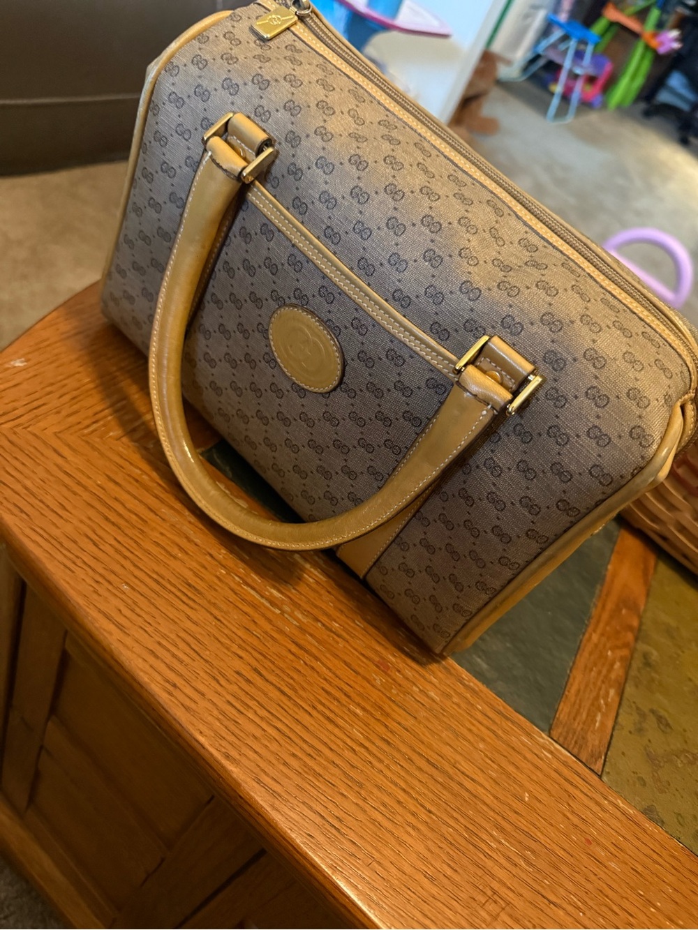 Gucci Beige Monogram Dome Satchel with Tan Trim